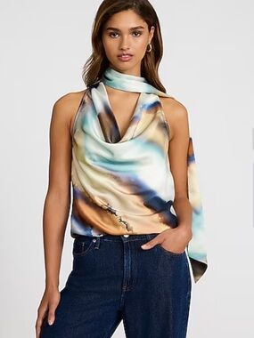 Express Satin Cowl-Neck Scarf Halter Top in Multi-Color